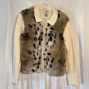 Vintage Lisa International size small ivory faux fur zip up cardigan sweater